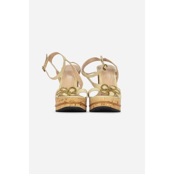 Chloe Nude Leather Cork Wedge Sandals with Chain Embellished Floral Detail - Picture 2 of 5